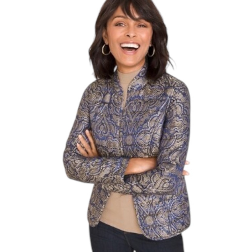 Chico’s Reversible Printed Jacquard To Black Quilted Jacket